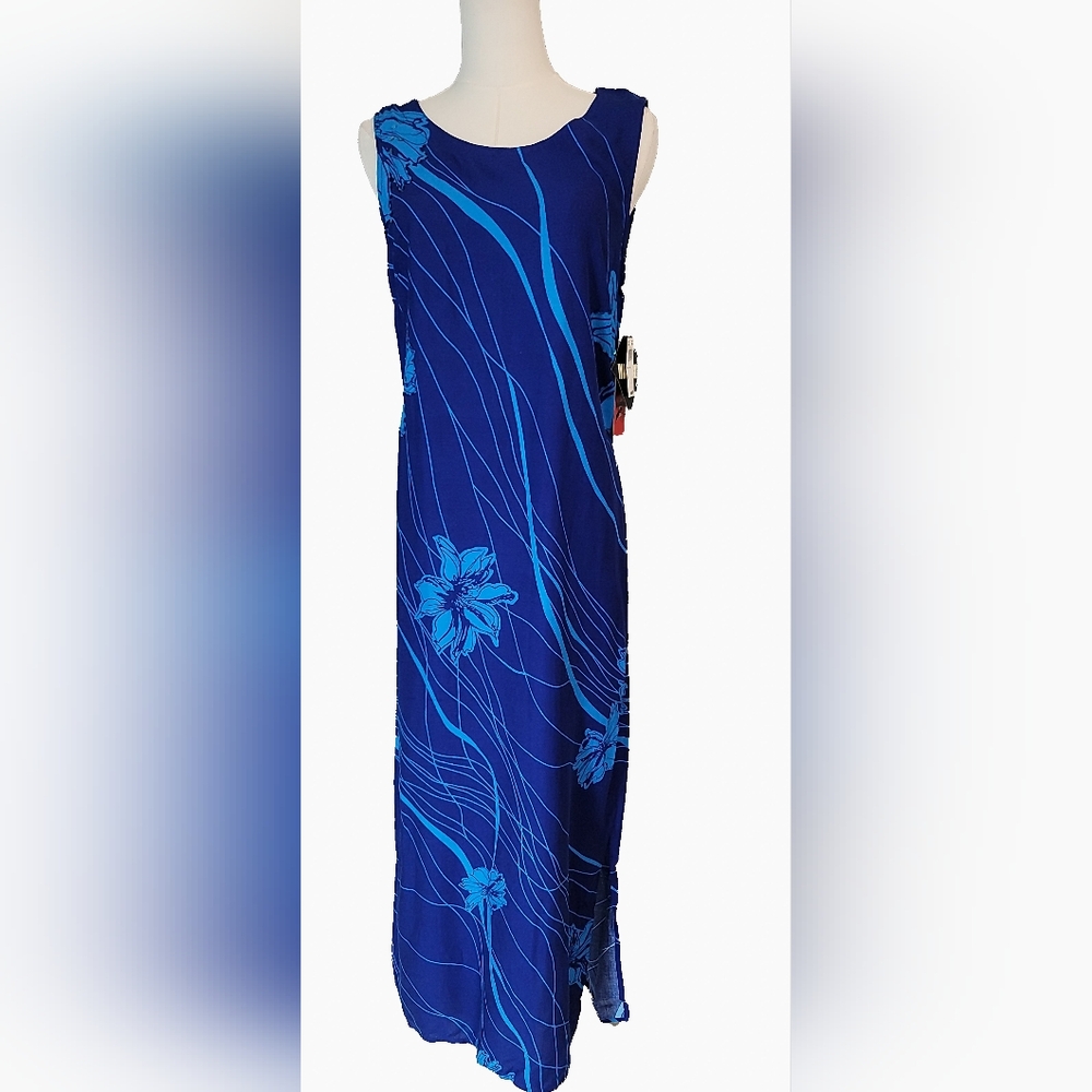 VTG R&K Originals Women Sz 6 Blue Floral Sleeveless Sheath Maxi Dress 100% Rayon